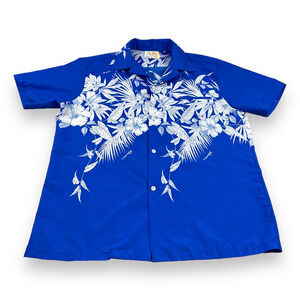 Vintage Hawaiian Shirt Adult LARGE Blue 80s Royal Princess Floral Botanical